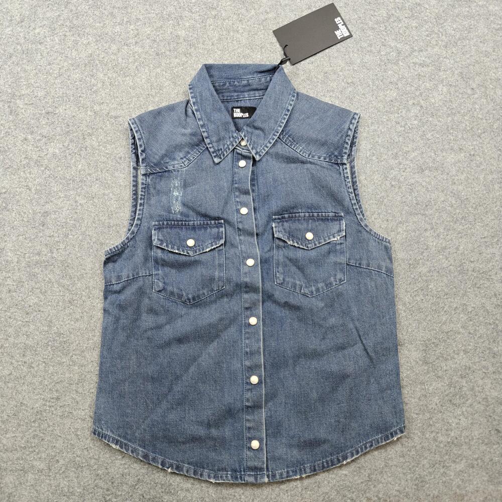 The Kooples Shirt Womens 0 Blue Denim Sleeveless Western Snap Button Top